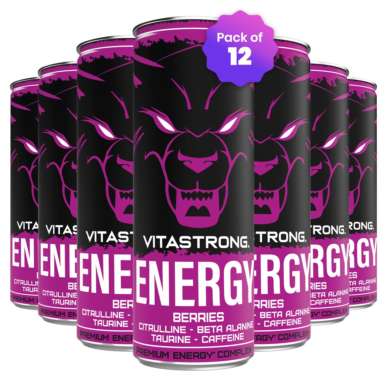 Mehrere Dosen Vitastrong Energy Berries. Lila und schwarzes Design, Produktname, Packung mit 12.