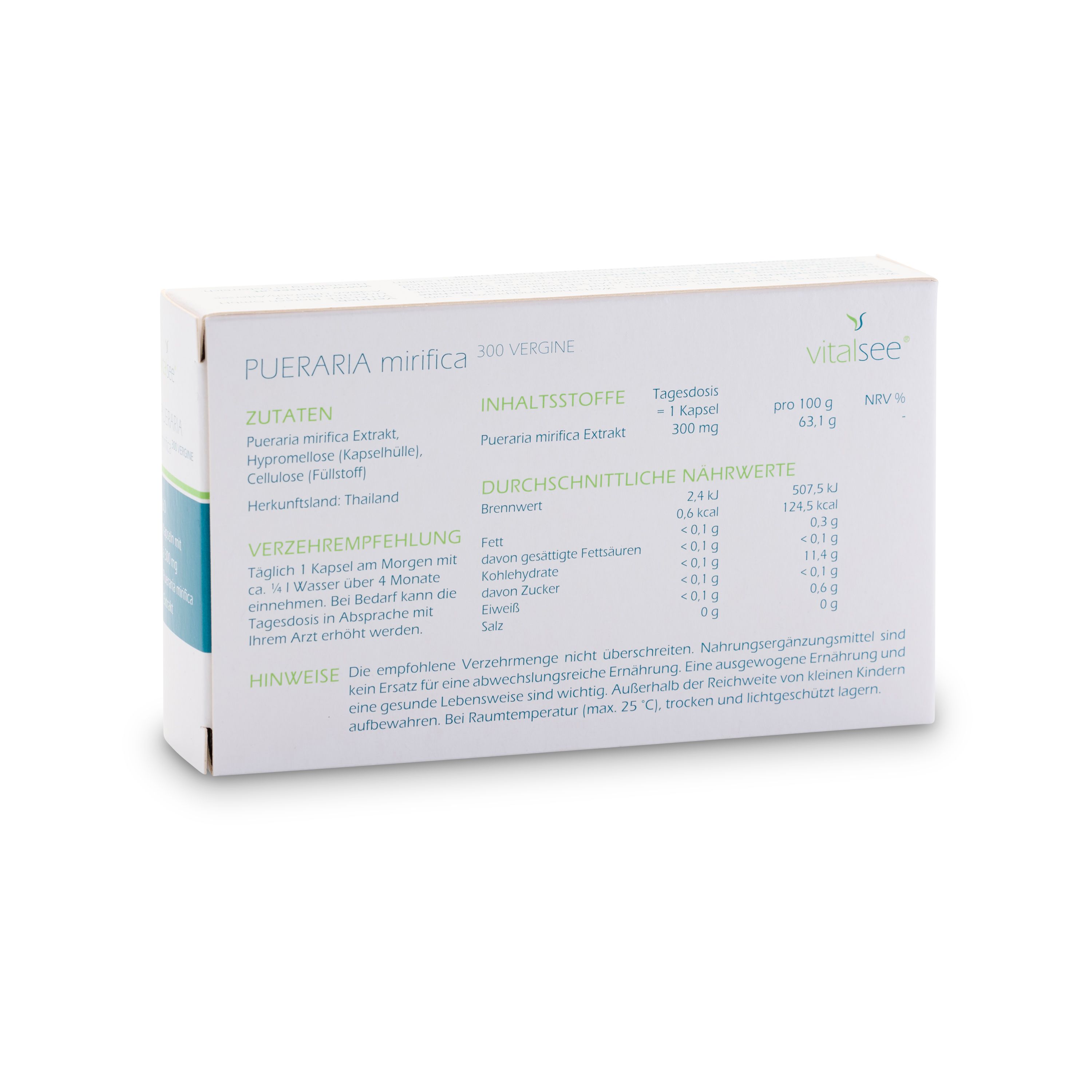Rückseite der Produktverpackung. Aufdruck: vitalsee, Pueraria mirifica, Nährwertangaben, Zutaten.