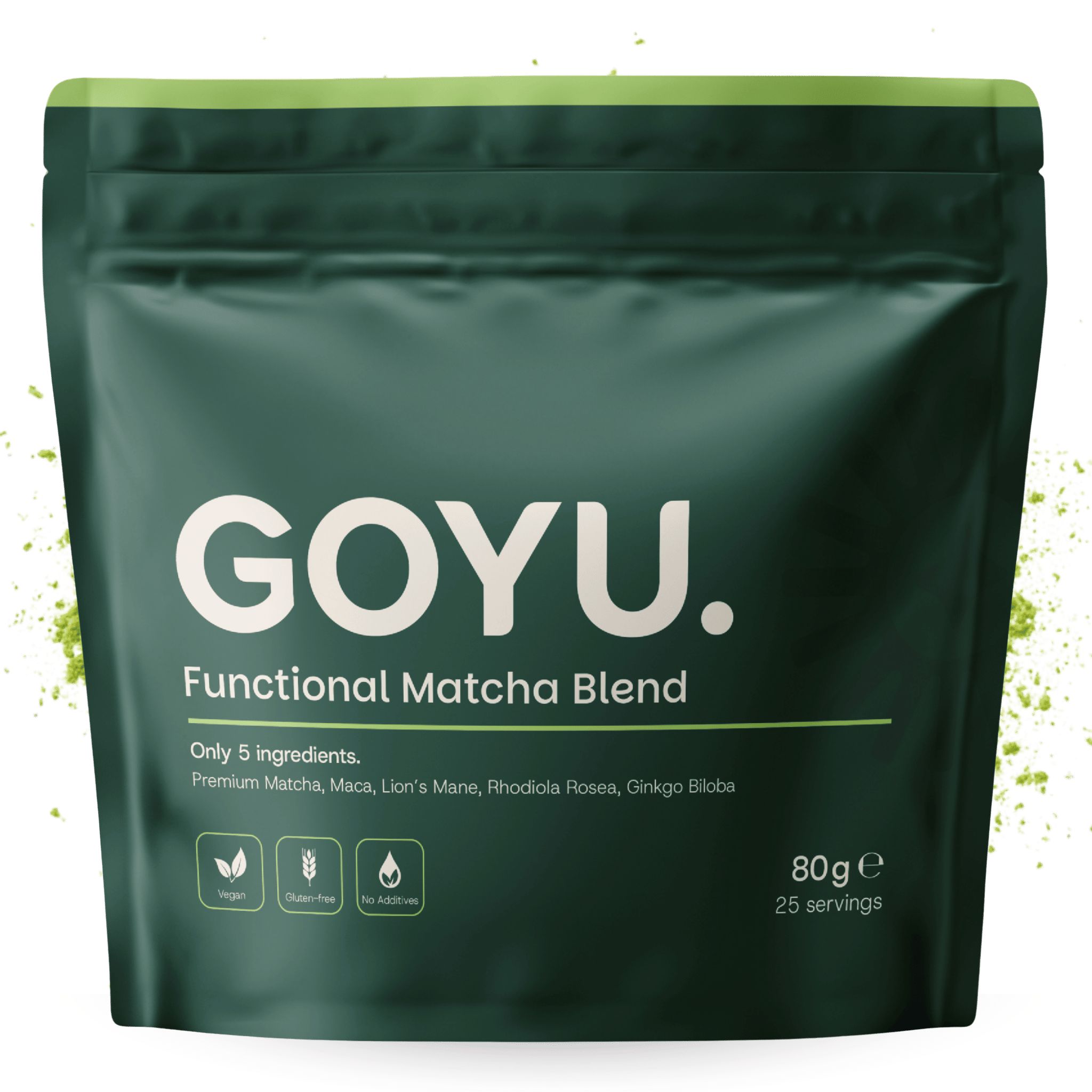 Dunkelgrüne Verpackung mit GOYU-Logo. Text: Functional Matcha Blend, 5 Inhaltsstoffe, 80g, 25 Portionen. Vegan, glutenfrei, ohne Zusatzstoffe.