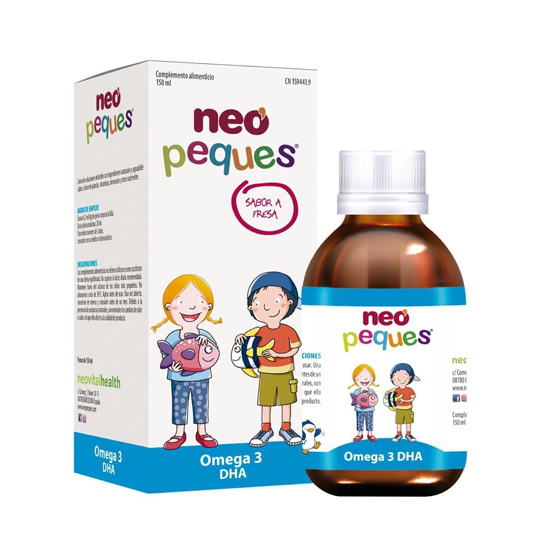 Flasche und Schachtel mit Produktaufdruck. Aufschrift: neo peques, Omega 3 DHA, Erdbeergeschmack. Abbildung von Kindern.