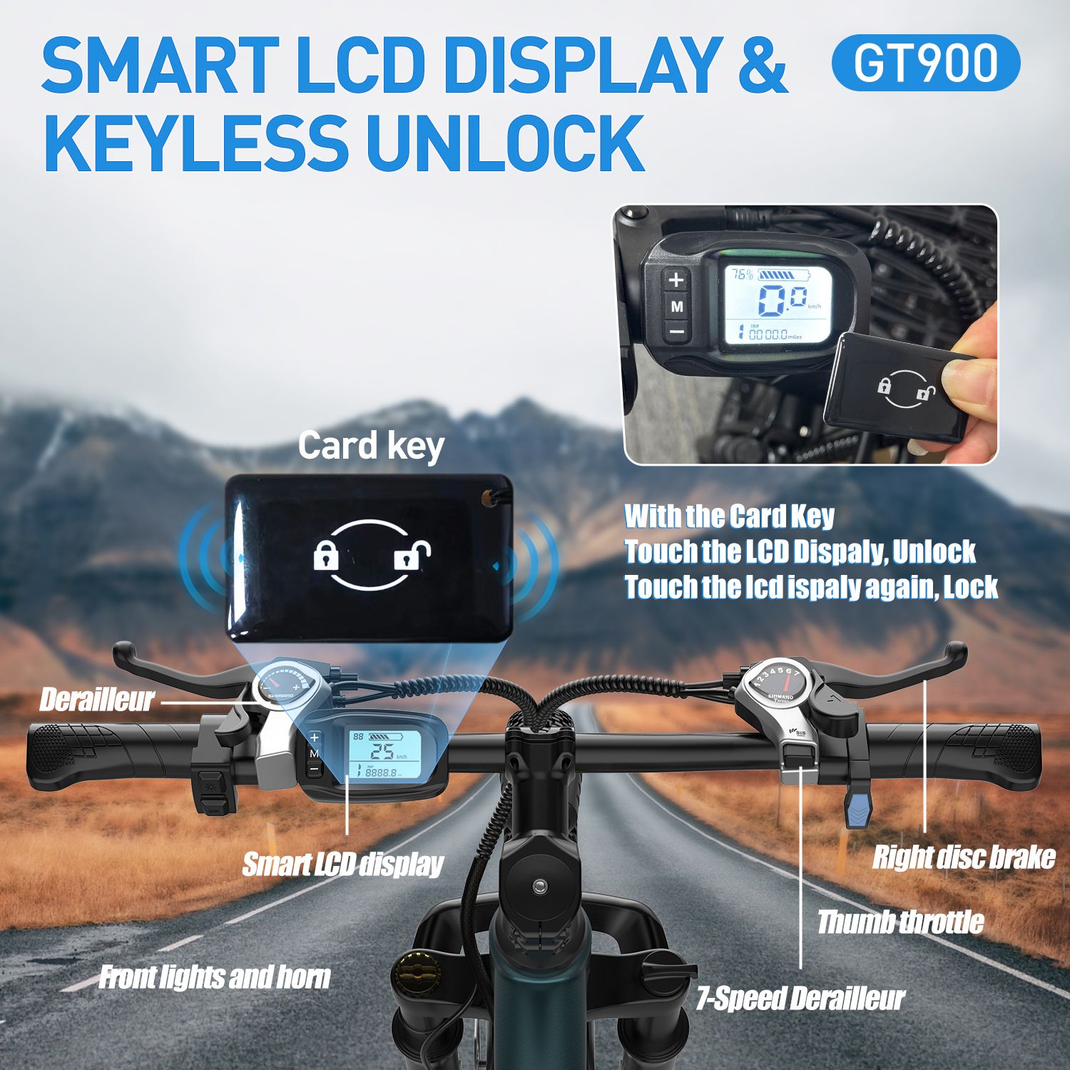 E-Bike-Lenker mit Smart-LCD-Display und Keyless-Unlock-Funktion. Karte und Fernbedienung. Beschriftungen: Smart LCD Display, 7-Gang-Schaltung, Scheibenbremse.