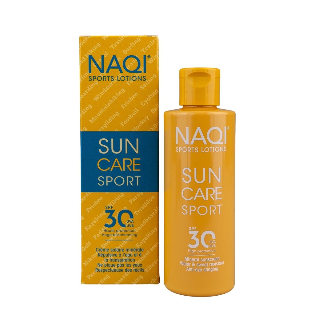 NAQI Sun Care Sport Sonnenschutz SPF 30 Flasche und Karton.