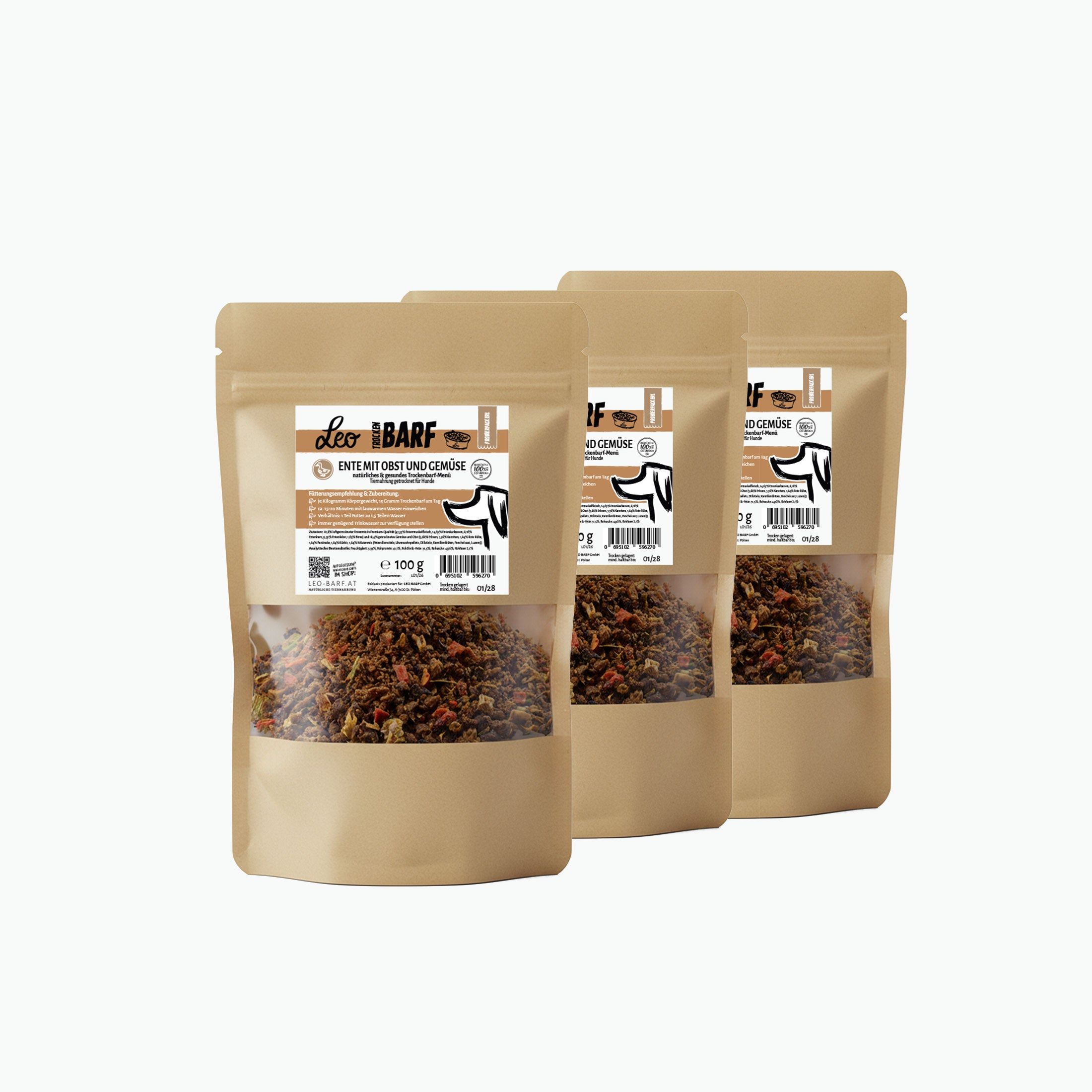 Leo Barf Trockenbarf Probierpaket Ente mit Obst und Gemüse