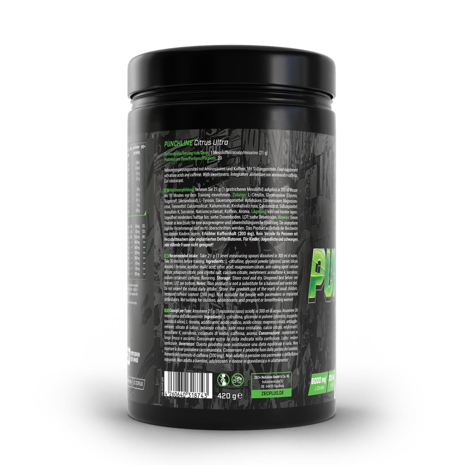 Schwarze Dose mit Produktinformationen. Aufschrift: PUNCHLINE Citrus Ultra. Gewicht: 420 g. Grün-weiße Schrift.