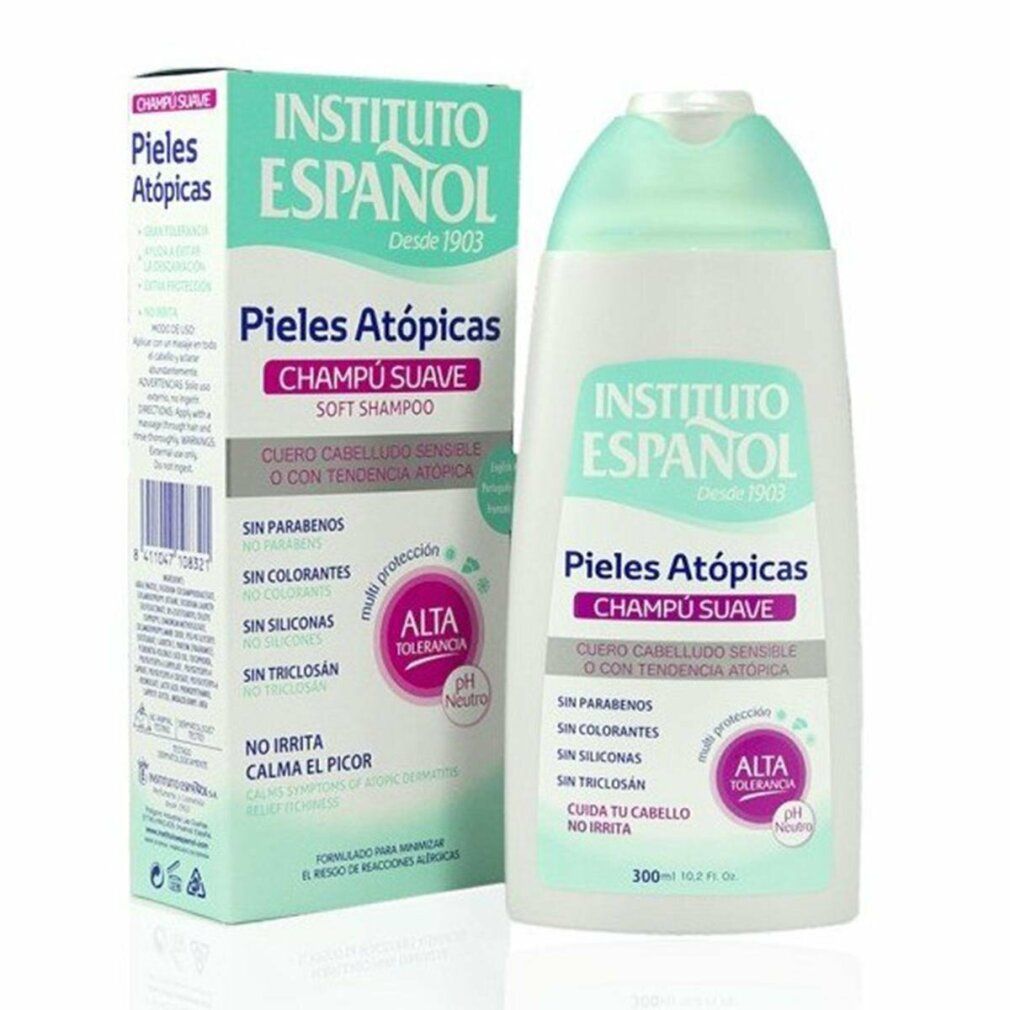 Shampoo und Verpackung. Aufschrift: Instituto Español, Pieles Atópicas, Champú Suave. Enthält keine Parabene, Farbstoffe, Silikone, Triclosan.