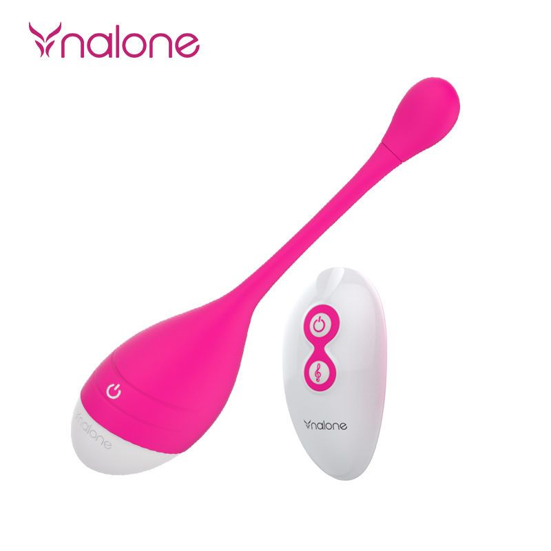 Rosa Vibrator mit weißer Basis und Fernbedienung. Die Fernbedienung ist weiß mit rosa Knöpfen. Das Produkt hat das Logo Nalone.