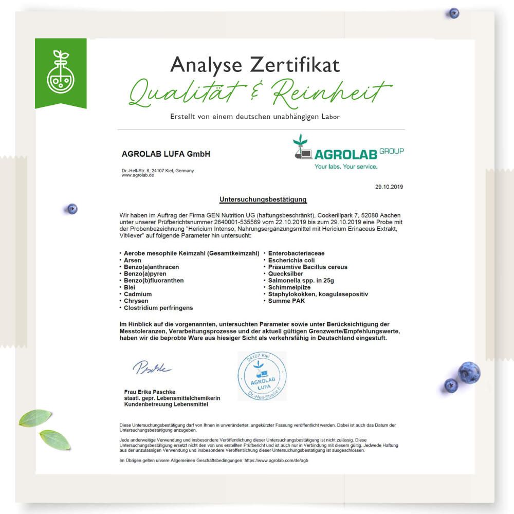 Zertifikat von Agrolab LUFA GmbH. Analyse von Hericium Intenso. Bestätigung von Qualität und Reinheit.