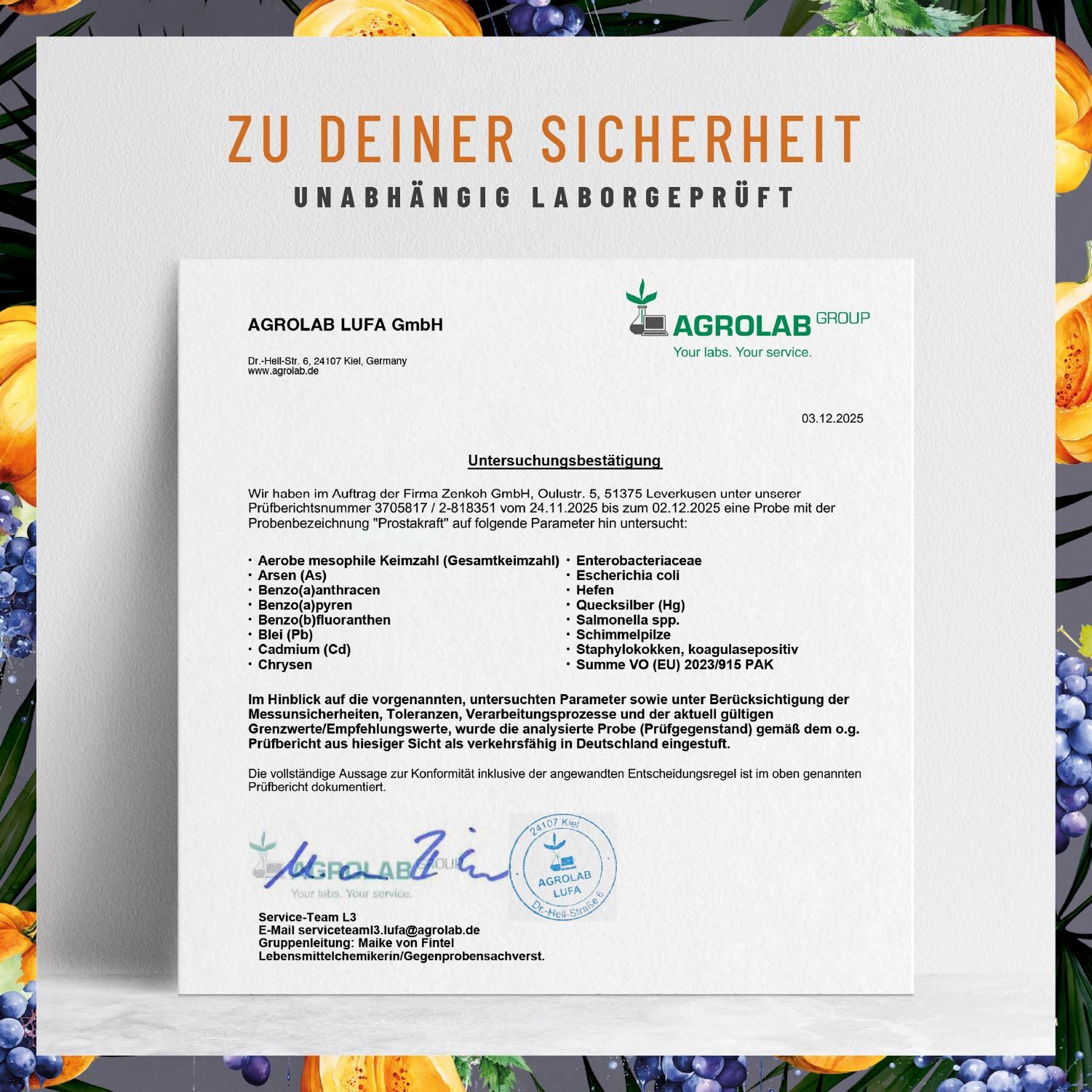 Zertifikat der AGROLAB LUFA GmbH. Text: Unabhängig laborgeprüft. Unterschrift. Auflistung von Parametern, die untersucht wurden.