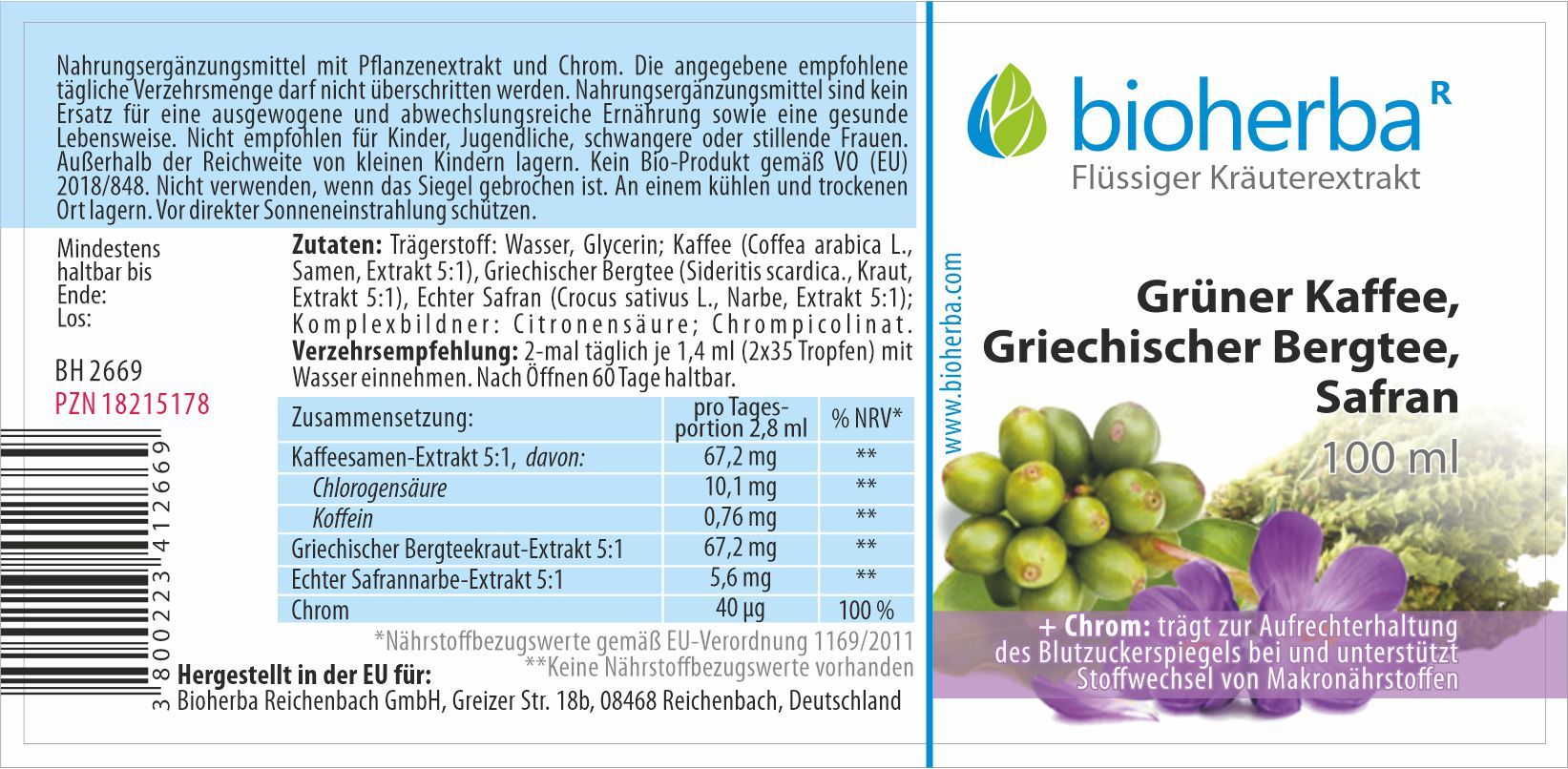 Etikett mit Produktinformationen. Bioherba Grüner Kaffee, Griechischer Bergtee, Safran. 100 ml Flasche. Zutaten, Nährwertangaben und Verzehrempfehlung.