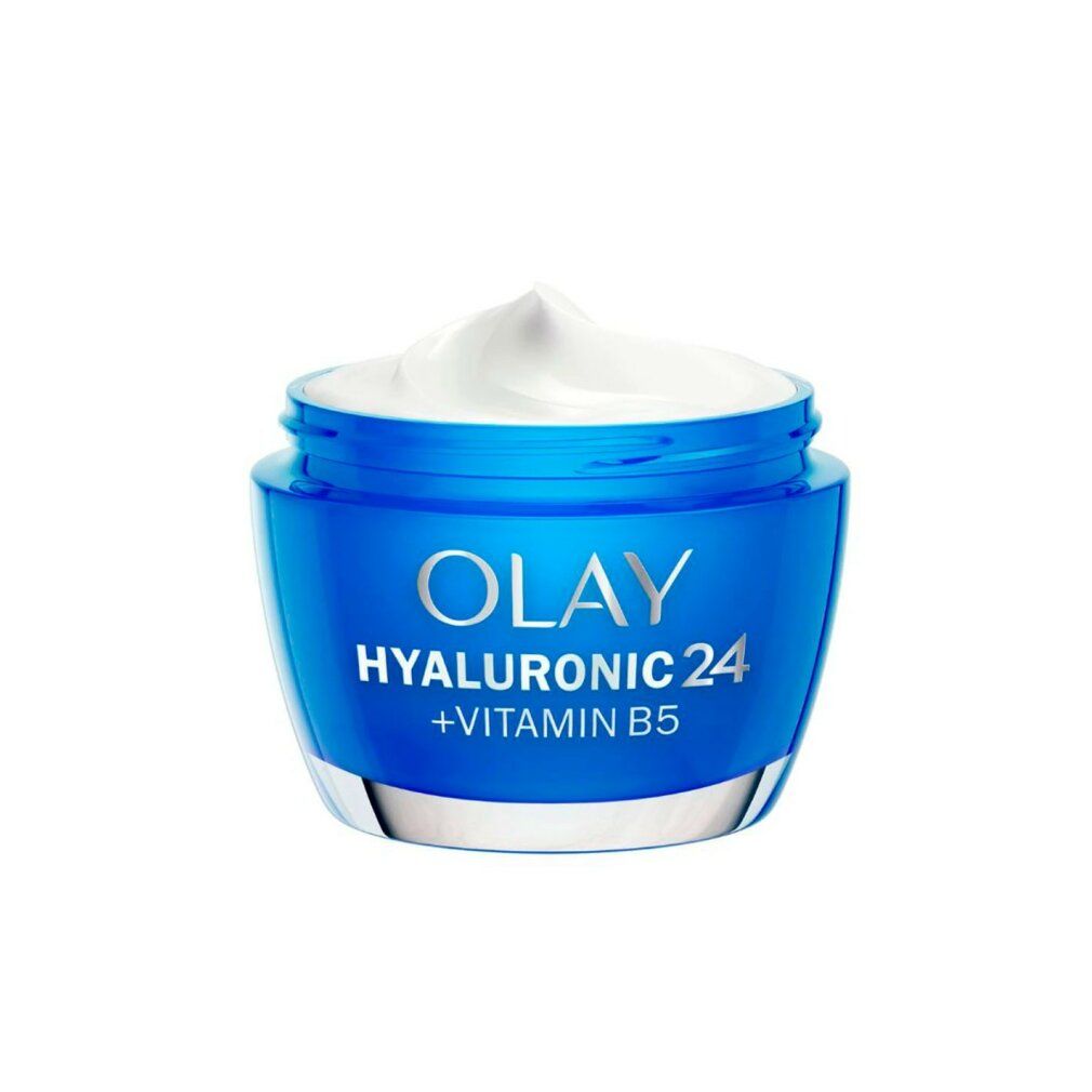 Blaues Tiegel mit weißer Creme. Olay Hyaluronic 24 + Vitamin B5. Deckel geöffnet.