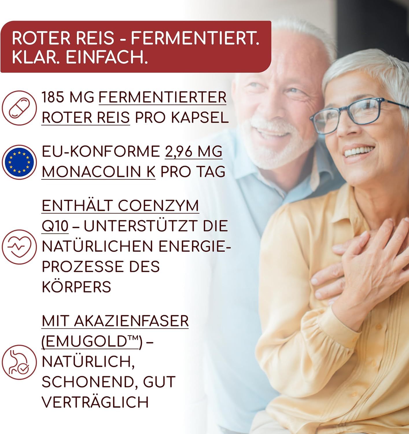 Älteres Paar. Text: Roter Reis - fermentiert. 185 mg fermentierter Roter Reis pro Kapsel. EU-konform 2,96 mg Monacolin K.