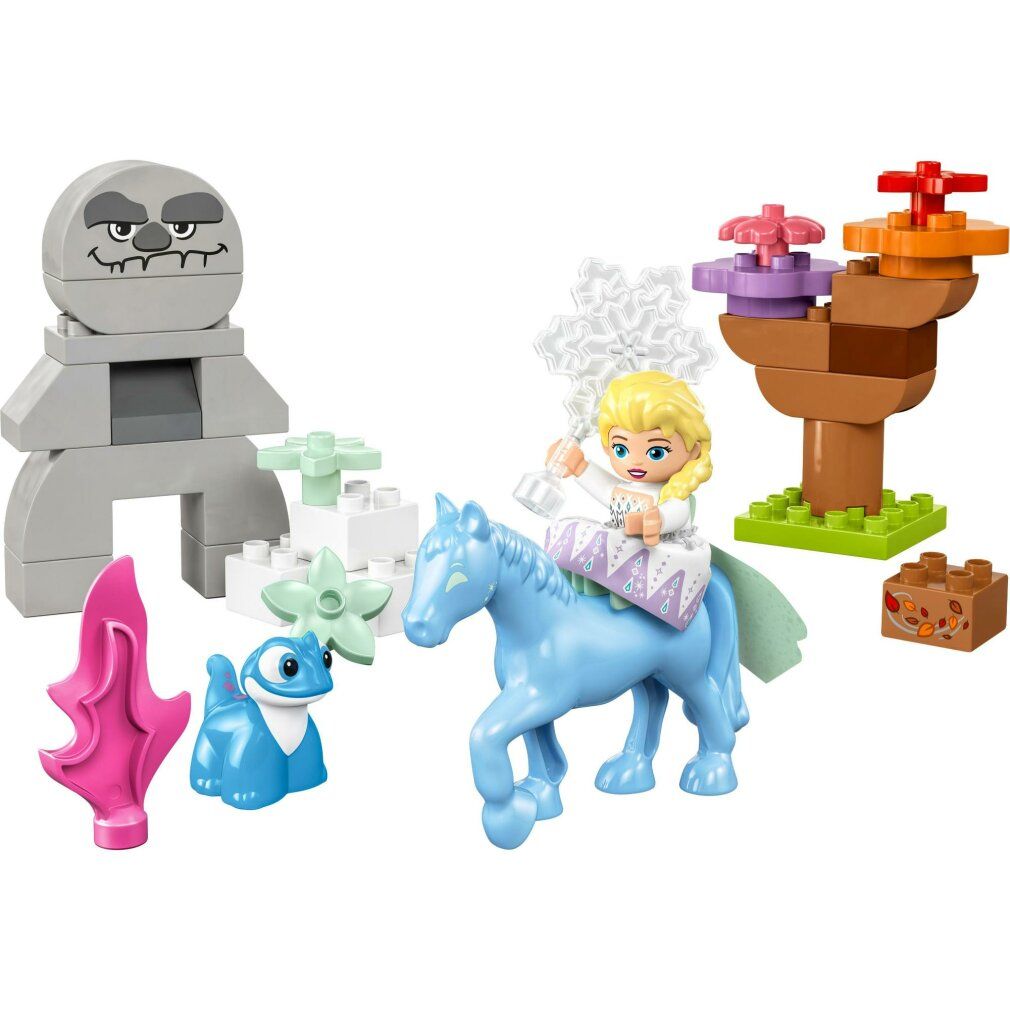 LEGO DUPLO Set mit Elsa, Bruni, blauem Pferd, grauen Felsen, Pflanzen und weiteren Elementen. Ohne Verpackung.