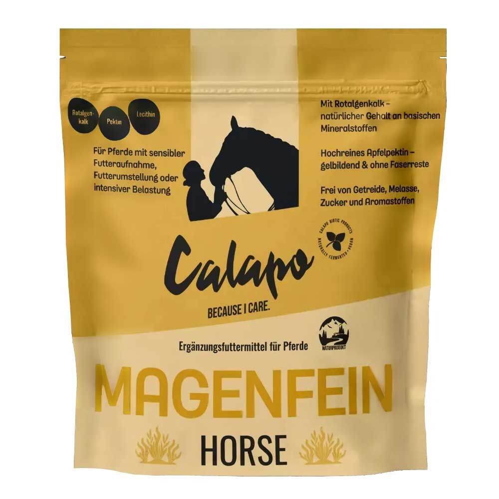 Beutel mit Ergänzungsfuttermittel für Pferde. Aufschrift "MAGENFEIN HORSE". Logo mit Pferd und Reiter. Gelb-weiße Verpackung.