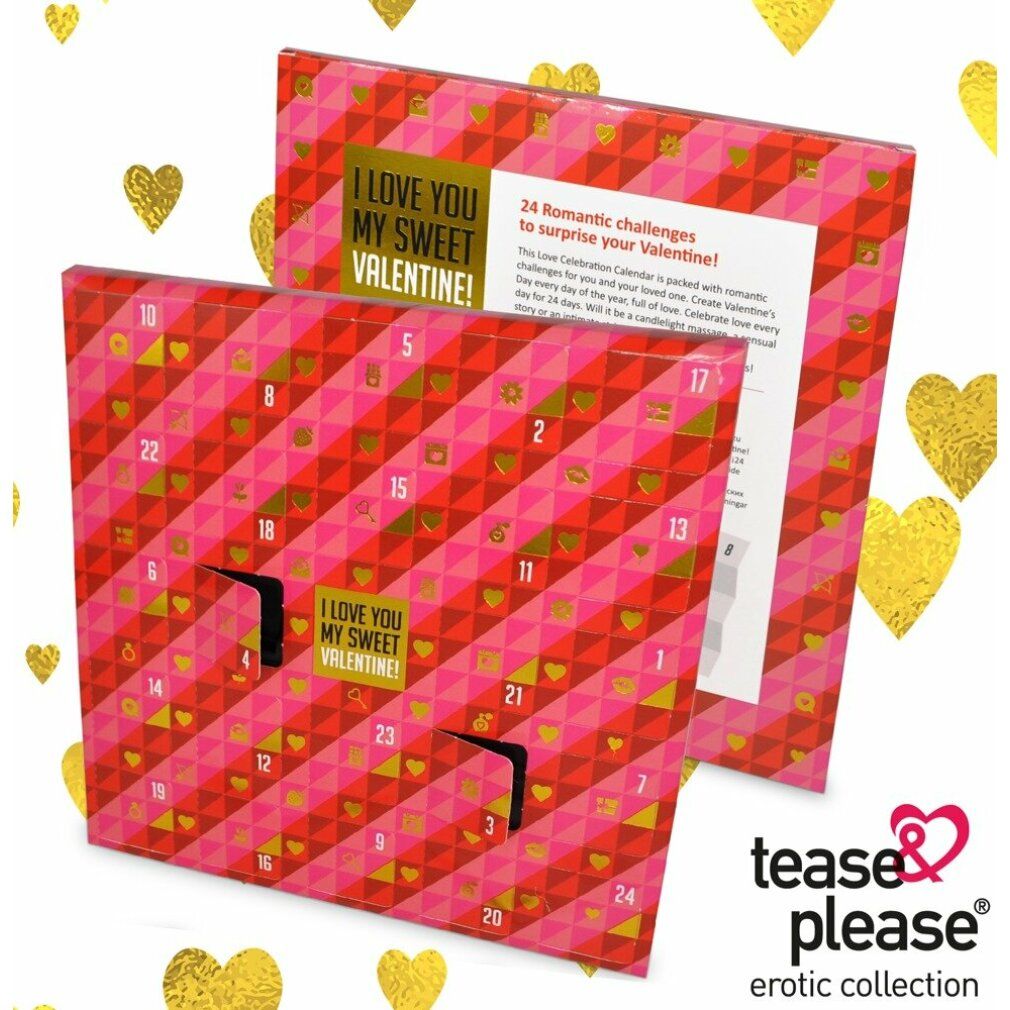 Adventskalender mit 24 Türchen. Rotes und rosa geometrisches Muster. Text: I LOVE YOU MY SWEET VALENTINE! Marke: tease & please erotic collection.