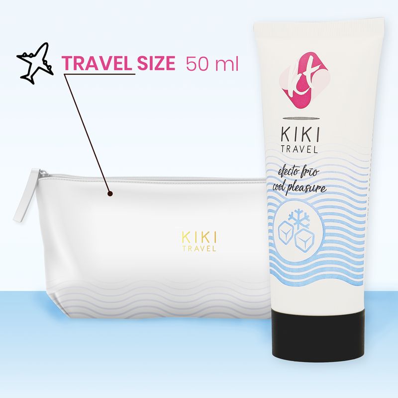 Tube mit KIKI TRAVEL Logo und Schriftzug „efecto frio cool pleasure“. Reise-Etui und 50 ml. Text. Flugzeug-Symbol.