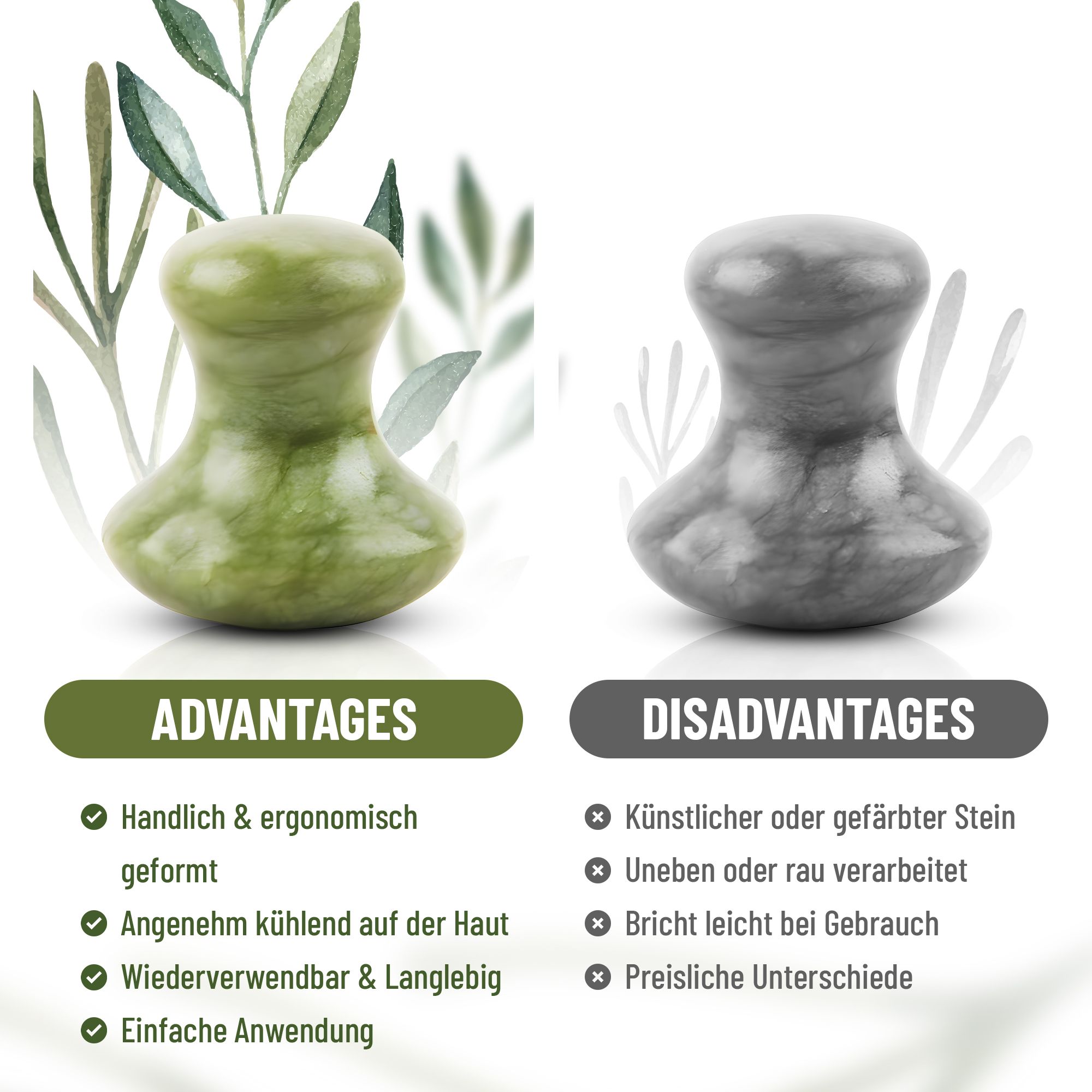 Gua Sha Stein in Pilzform neben Text. Text: Vorteile, Nachteile. Handlich, ergonomisch, kühlend, wiederverwendbar.