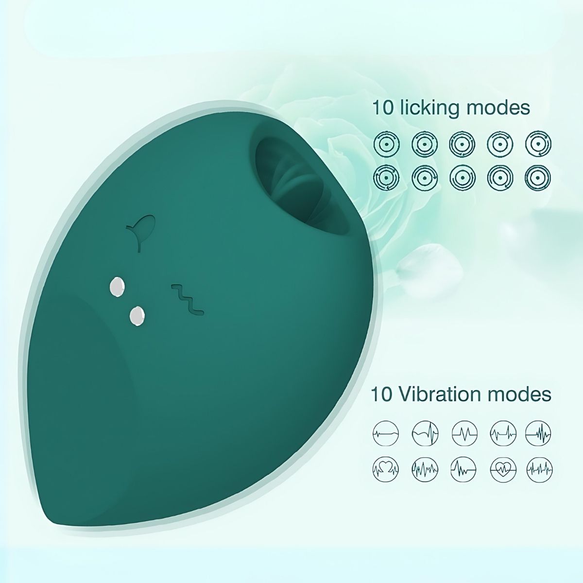 Grüner, tropfenförmiger Vibrator. Text zeigt 10 Vibrationsmodi und 10 Leckmodi. Symbole für Modi.