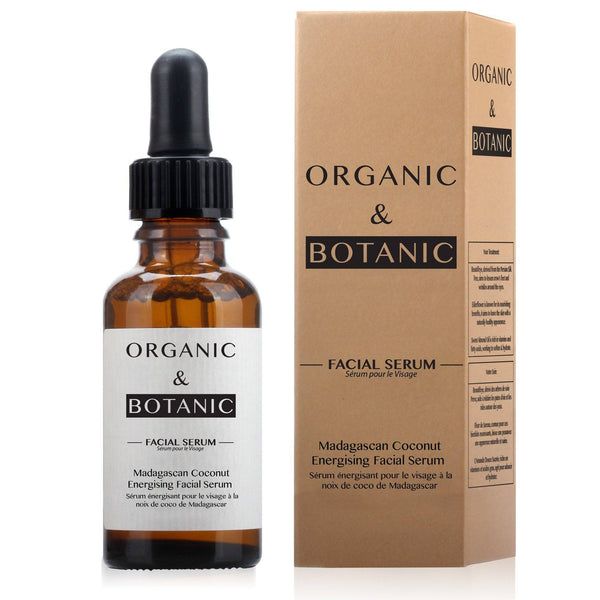 Braune Glasflasche mit Pipette und Karton. Aufschrift: ORGANIC & BOTANIC, FACIAL SERUM, Madagascan Coconut Energising Facial Serum.