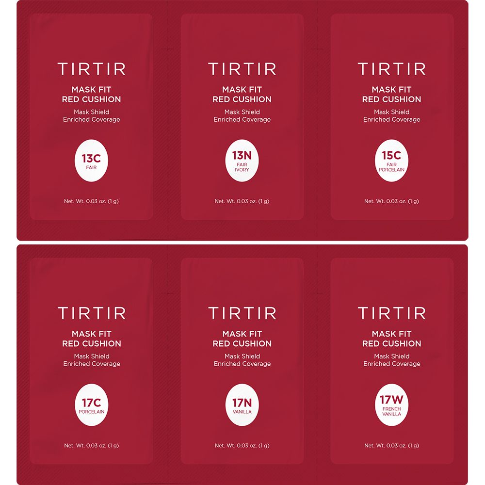 Sechs kleine, rote Verpackungen. Text: TIRTIR, Mask Fit Red Cushion, Mask Shield Enriched Coverage. Farbvarianten: 13C, 13N, 15C, 17C, 17N, 17W.