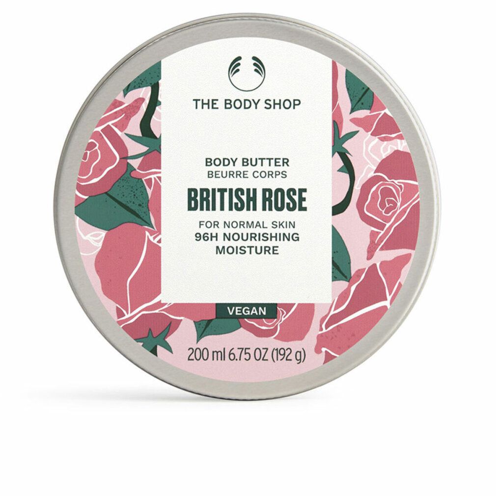 Runde Dose mit floralem Muster und Produktinformationen. Aufschrift: British Rose Body Butter, vegan, 200 ml.