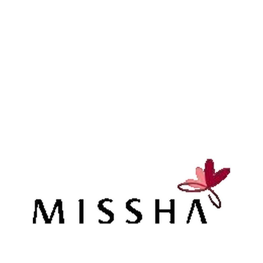 Logo von MISSHA. Schwarzer Schriftzug MISSHA mit einem floralen Element in Rosa.