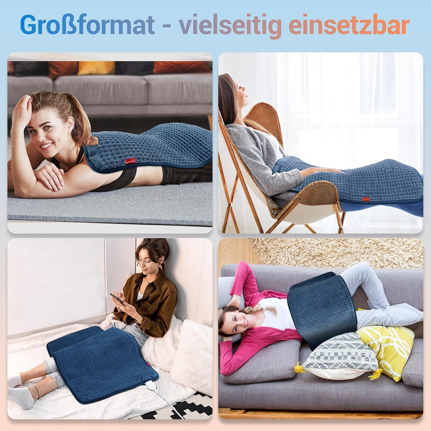 Vier Anwendungsszenarien für ein blaues, großes Heizkissen.