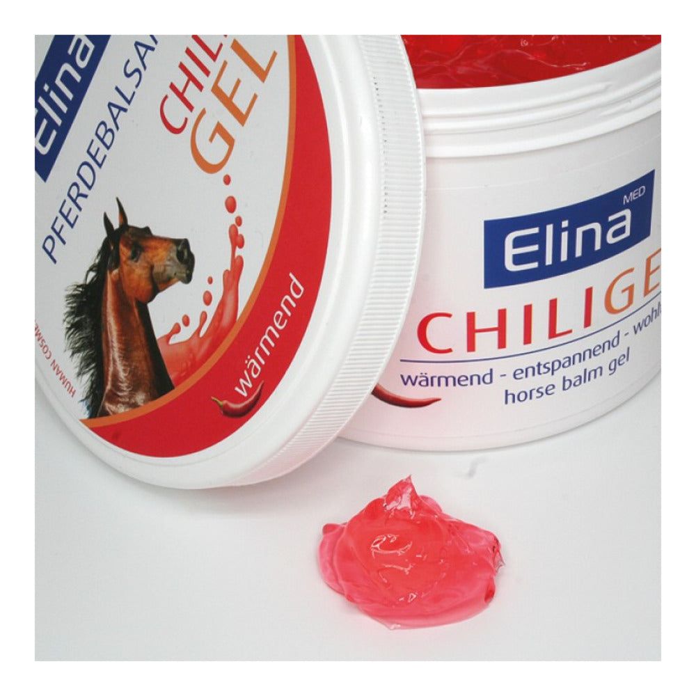 Weißer Tiegel mit geöffnetem Deckel und rotem Gel. Klecks rotes Gel daneben. Aufschrift: Elina Med Chili Gel.