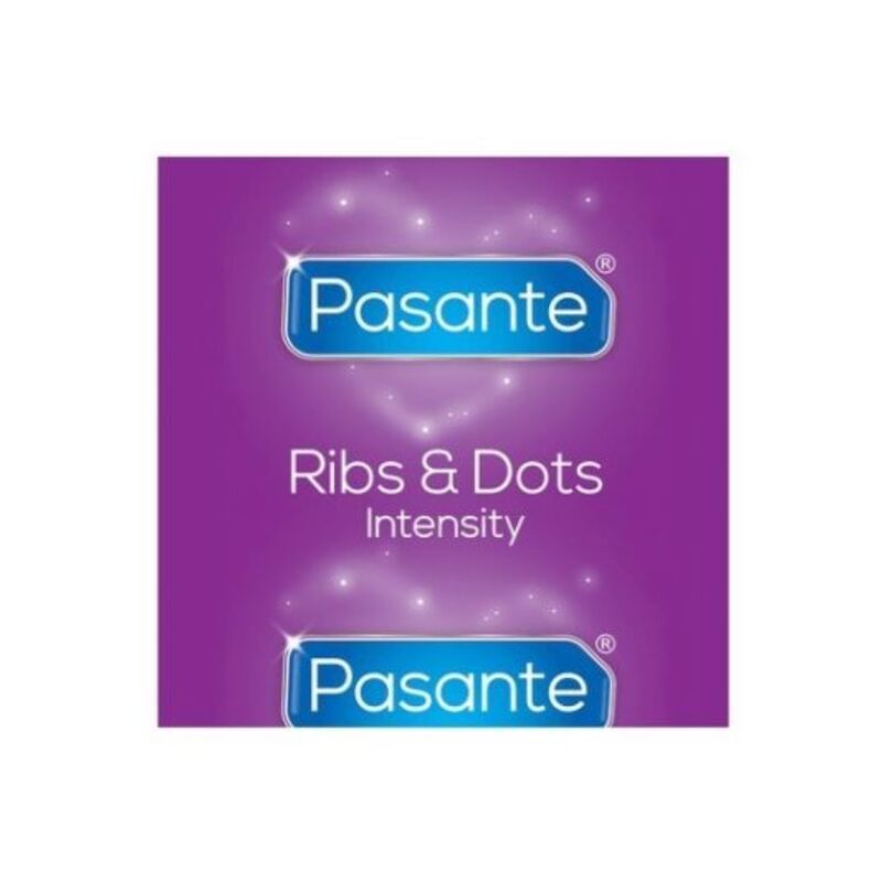 Produktlogo: Pasante Ribs & Dots Intensity. Marke Pasante. Lila Hintergrund.