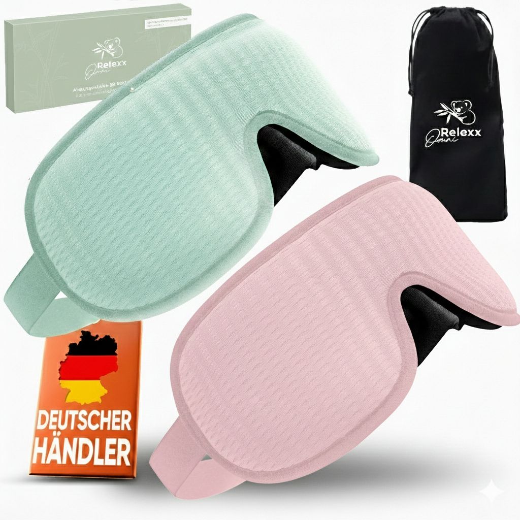Türkis- und rosafarbene 3D-Schlafmasken mit Reisebeutel und Verpackung.
