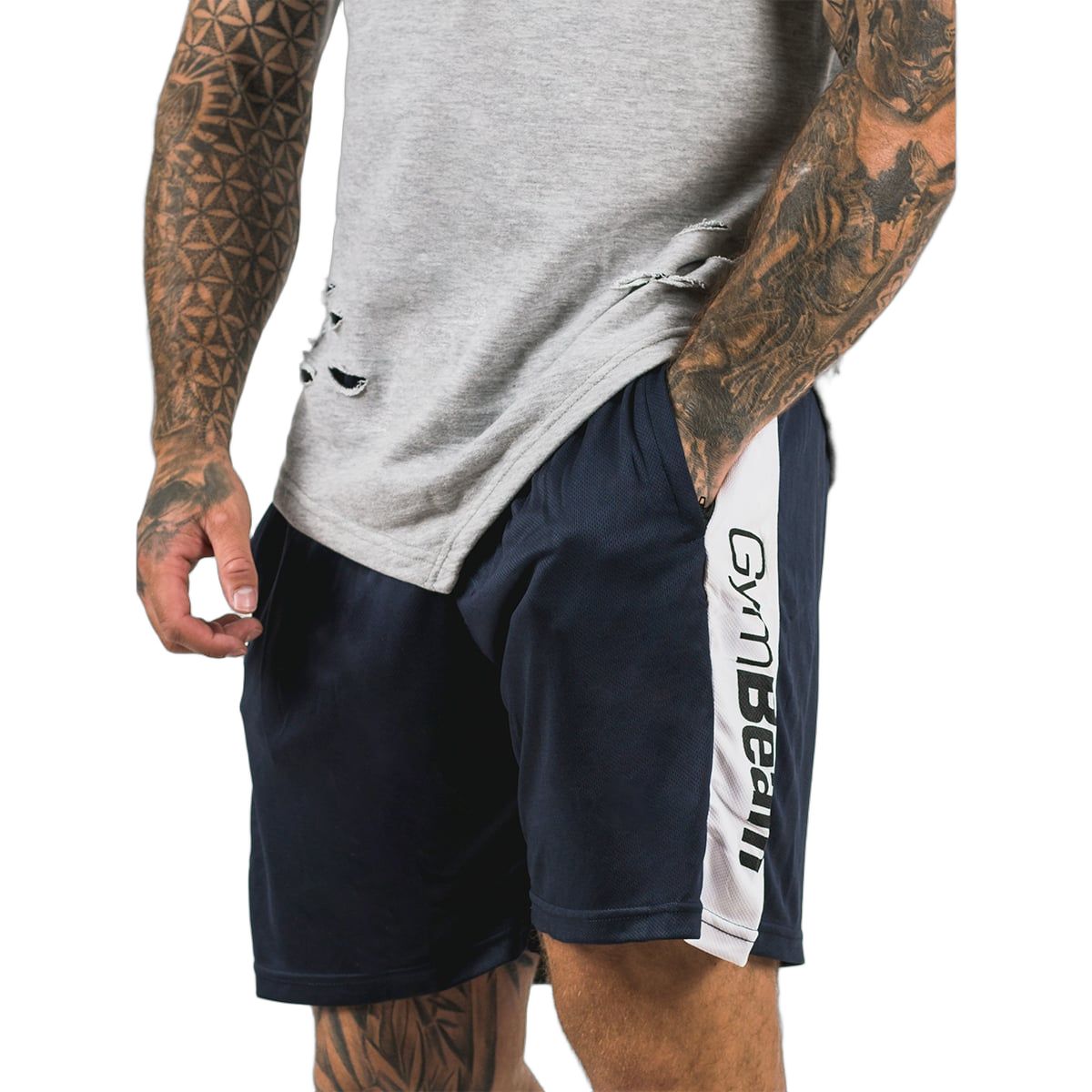 Herren-Shorts in Dunkelblau mit seitlichem GymBeam-Logo-Streifen und Gummizug.