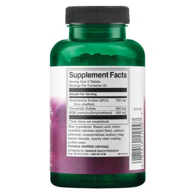Rückseite der grünen Flasche. Weißes Etikett mit Nährwertangaben. Enthält Glucosamin, Chondroitin und MSM.