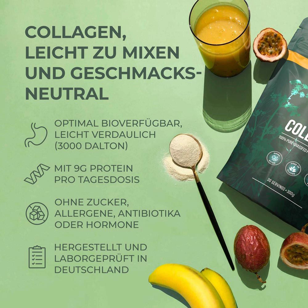 Collagen-Pulver, leicht zu mixen. Text: 9g Protein pro Tagesdosis, ohne Zucker, Allergene, Antibiotika oder Hormone.