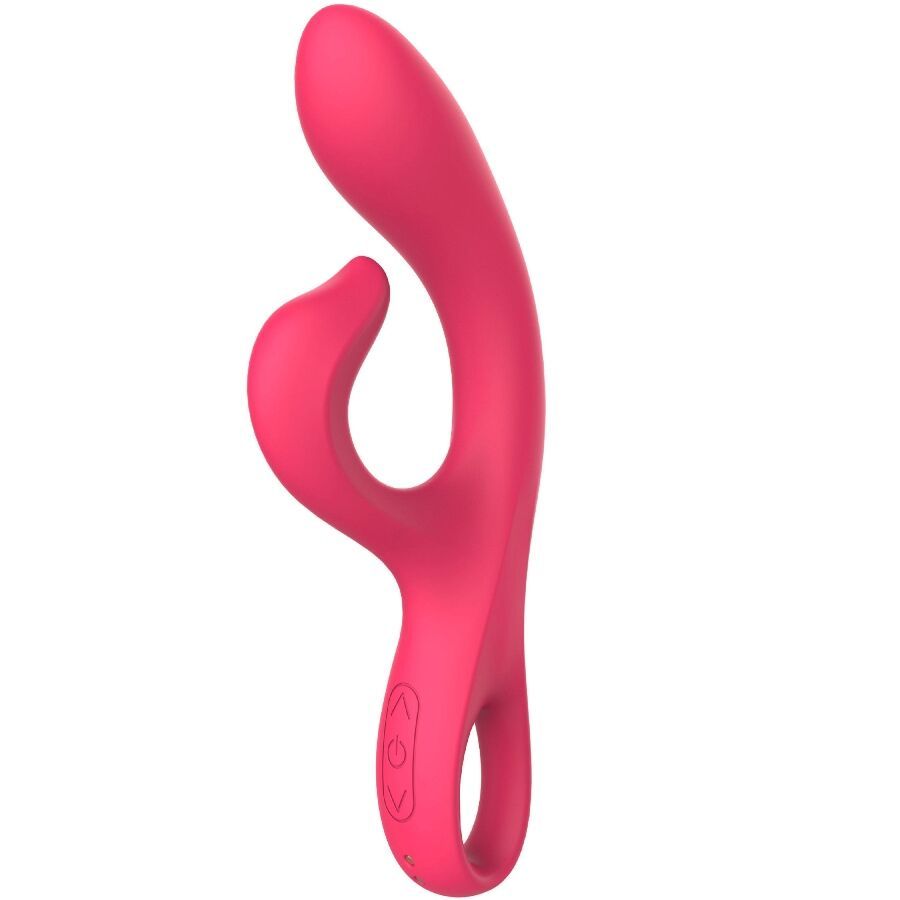 Rosa Vibrator mit geschwungener Form. Bedienknöpfe am Griff. Ein Ende abgerundet, das andere hat eine Schlaufe.