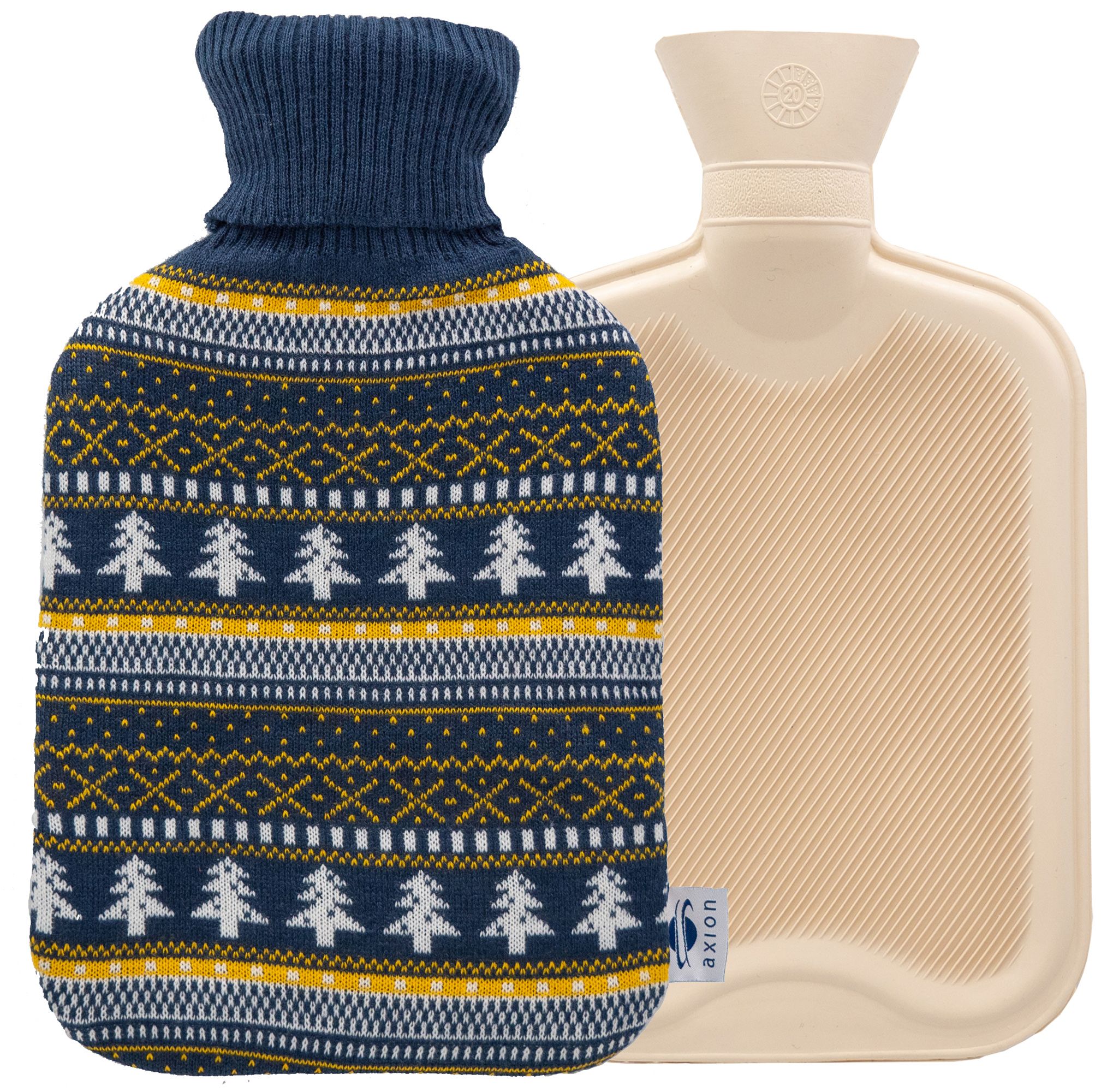 Beige Wärmflasche neben einer Wärmflasche mit blau-gelbem Strickbezug. Beide Produkte sind nebeneinander abgebildet.