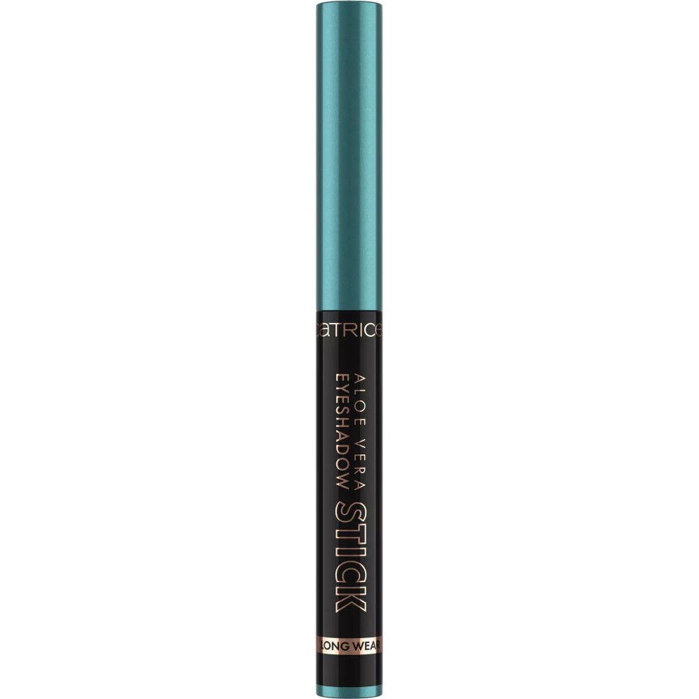 Blauer Lidschatten-Stick. Schwarze Hülse mit Produktbezeichnung. "Aloe Vera Eyeshadow Stick" ist lesbar.