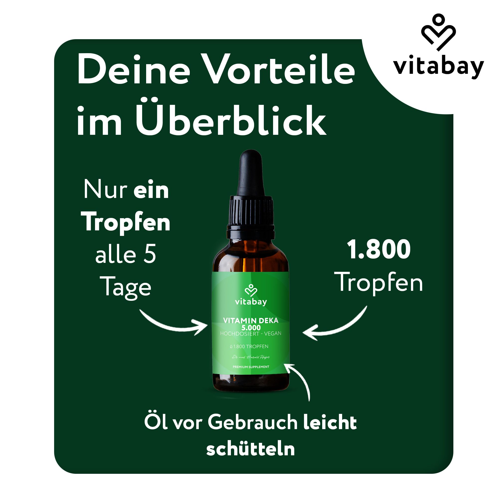 Braune Glasflasche mit Tropfer. Text: Vitamin Deka 5.000. Nur ein Tropfen alle 5 Tage. 1.800 Tropfen. Vor Gebrauch schütteln.