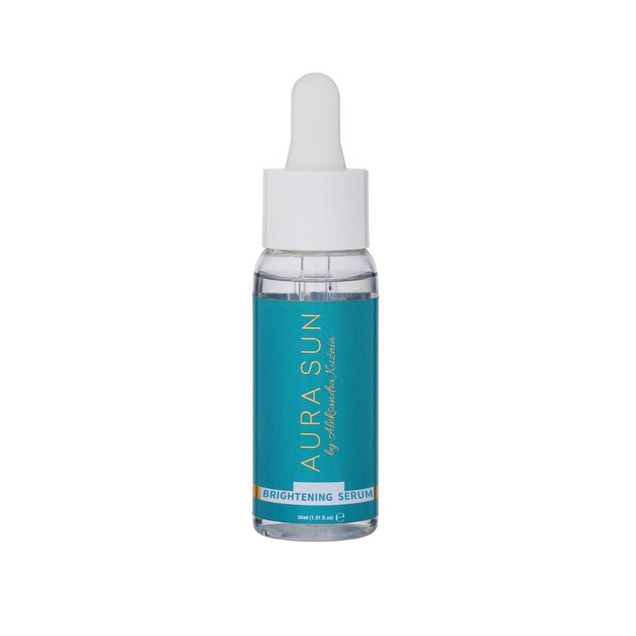 Aura Sun Brightening Serum Flasche mit Pipette. Türkises Etikett mit weißer Schrift.