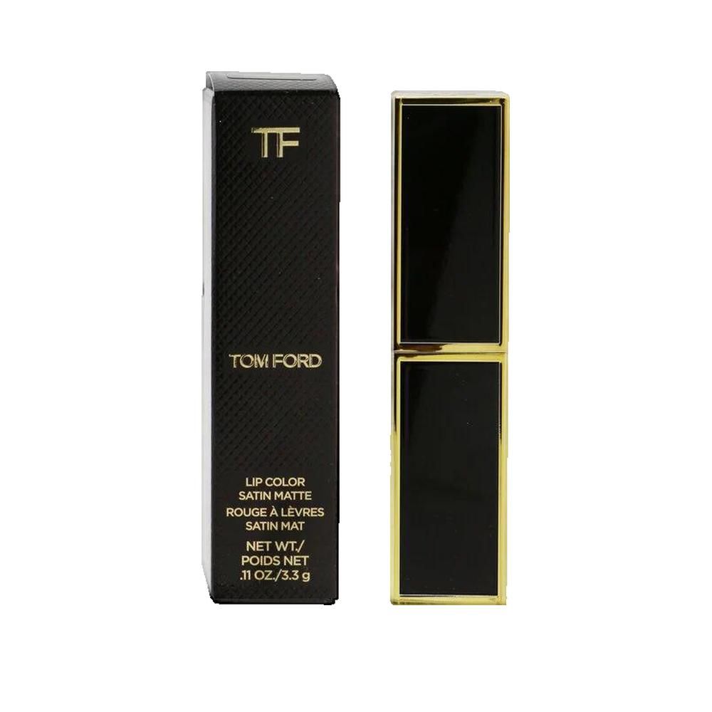 Schwarze Lippenstiftverpackung mit goldfarbenem Rahmen und Logo. Daneben ein geöffneter Lippenstift mit goldfarbenem Gehäuse.