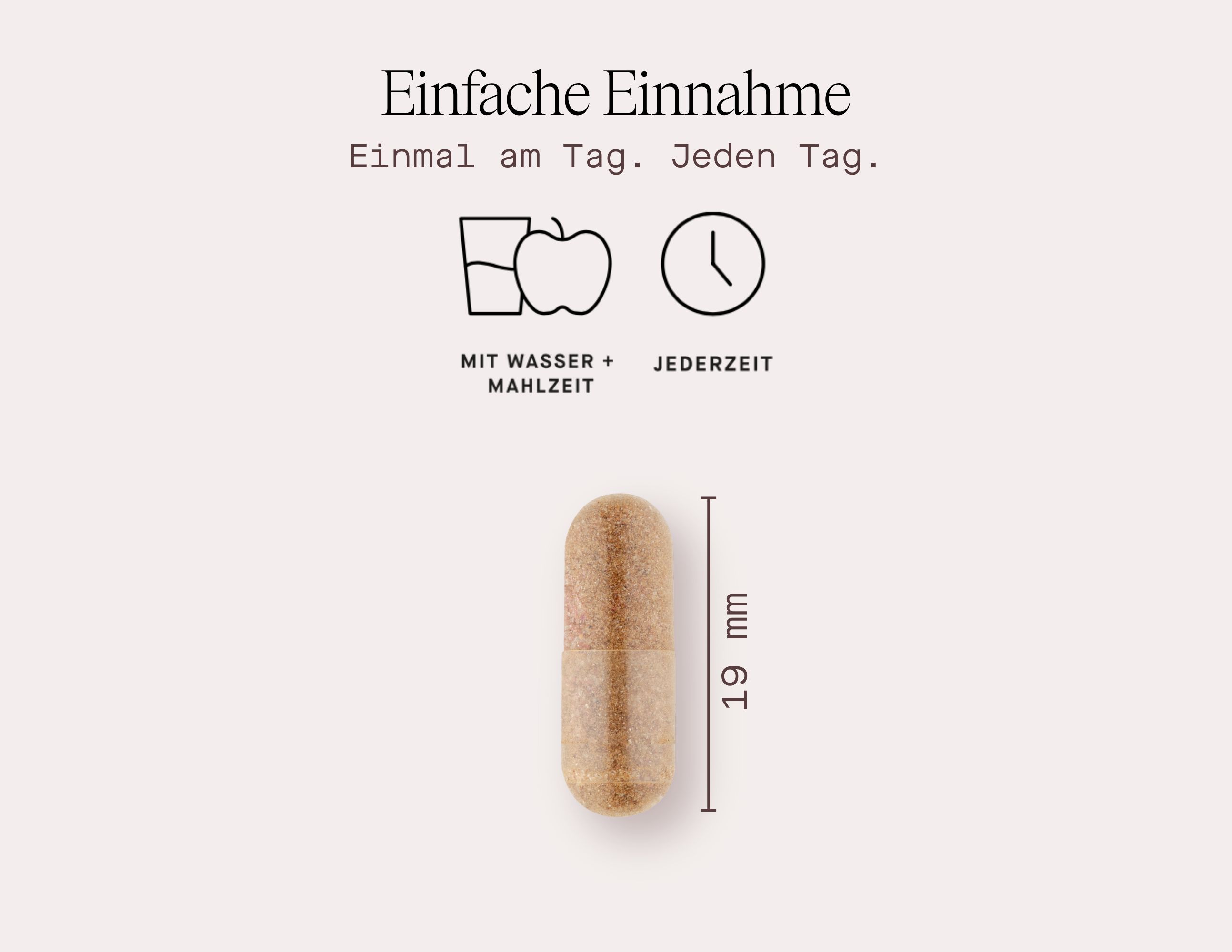 Kapsel mit Maßangabe. Text: Einfache Einnahme. Einmal am Tag. Mit Wasser + Mahlzeit. Jederzeit. Kapsel: 19 mm.
