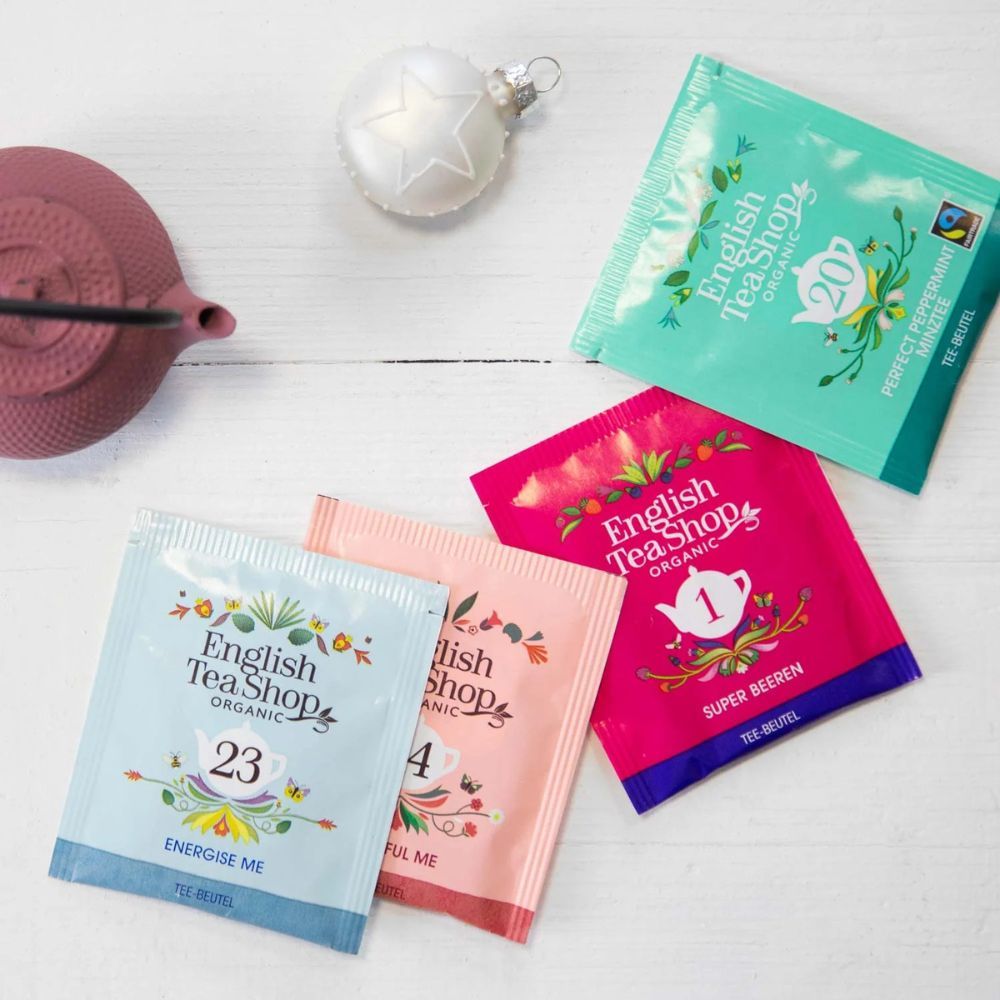 Verschiedene Teebeutel. Marke: English Tea Shop. Sorten: 1, 4, 20, 23. Einzeln verpackt.