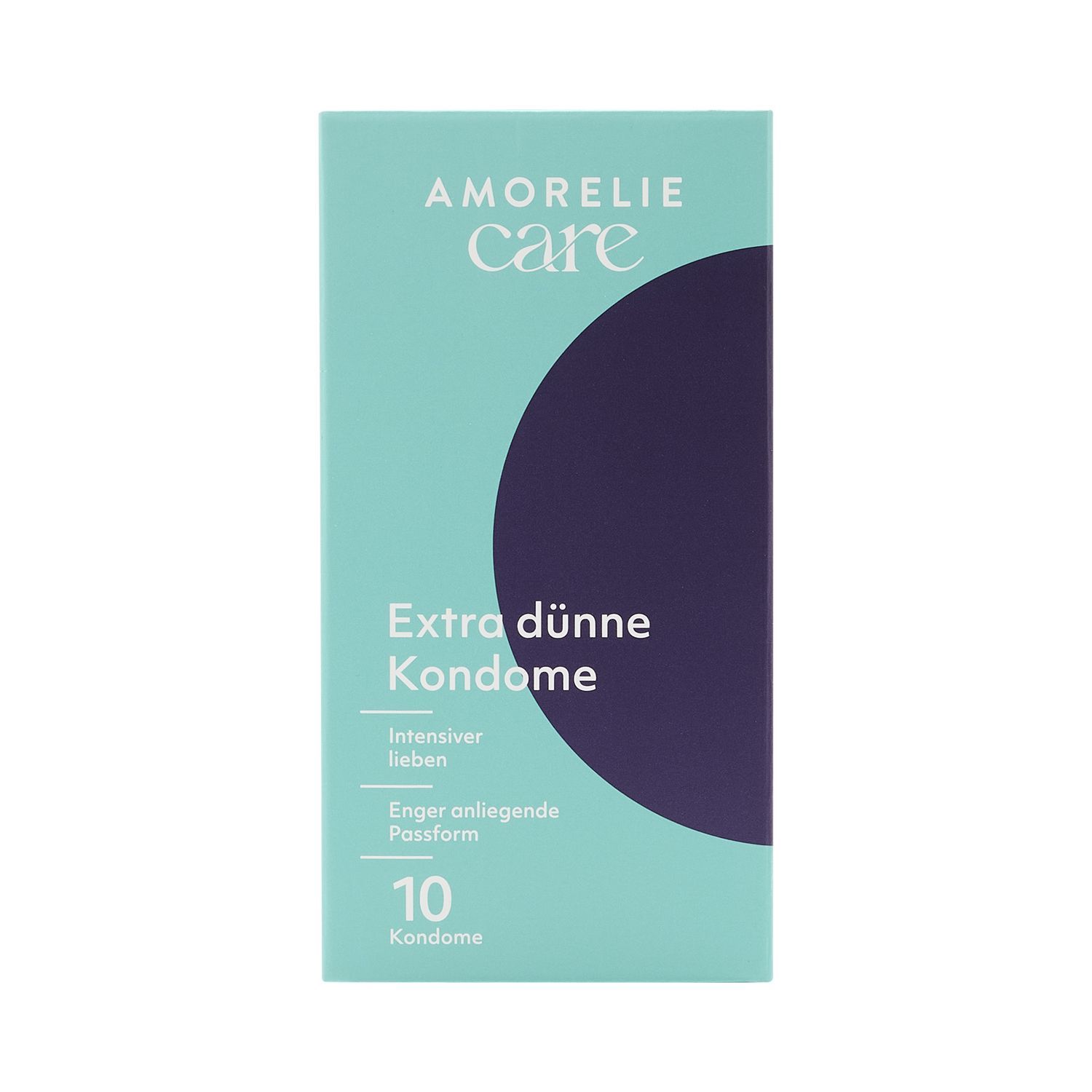 Packung mit Kondomen. Aufschrift: AMORELIE Care, Extra dünne Kondome, 10 Kondome.