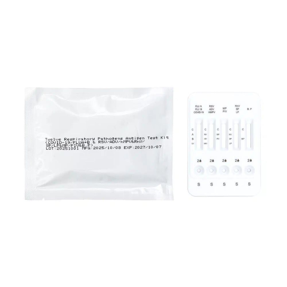 BISAF 12-Pathogen-Testkit: Testkassette und versiegelter Beutel mit Tupfer.
