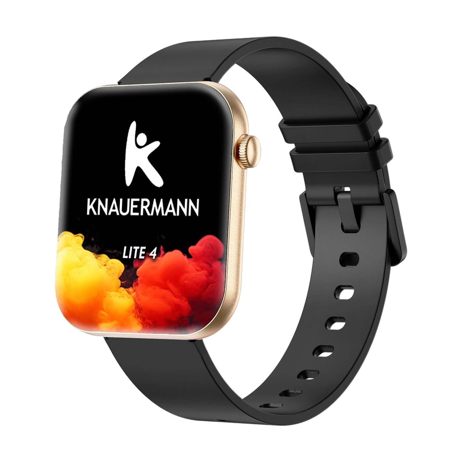 Knauermann Lite 4 Smartwatch mit goldenem Gehäuse und schwarzem Armband. Seitenansicht.