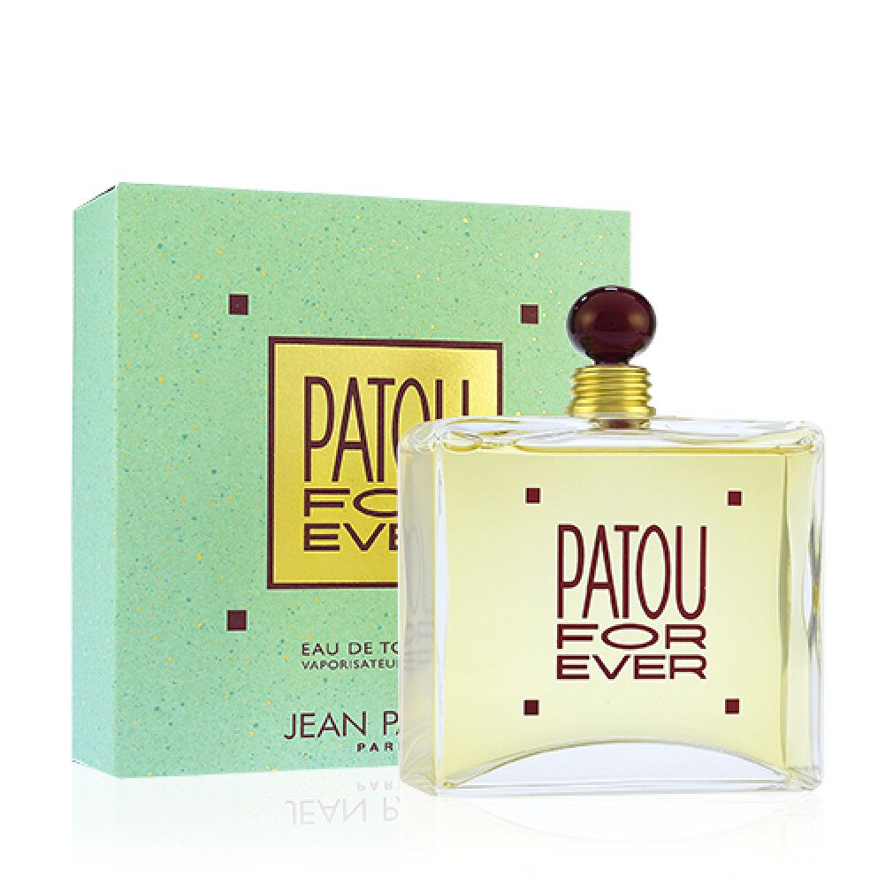 Glasflakon mit Flüssigkeit und Aufschrift PATOU FOR EVER. Daneben die grüne Schachtel. Text: Eau de Toilette Vaporisateur de Luxe. Jean Patou.