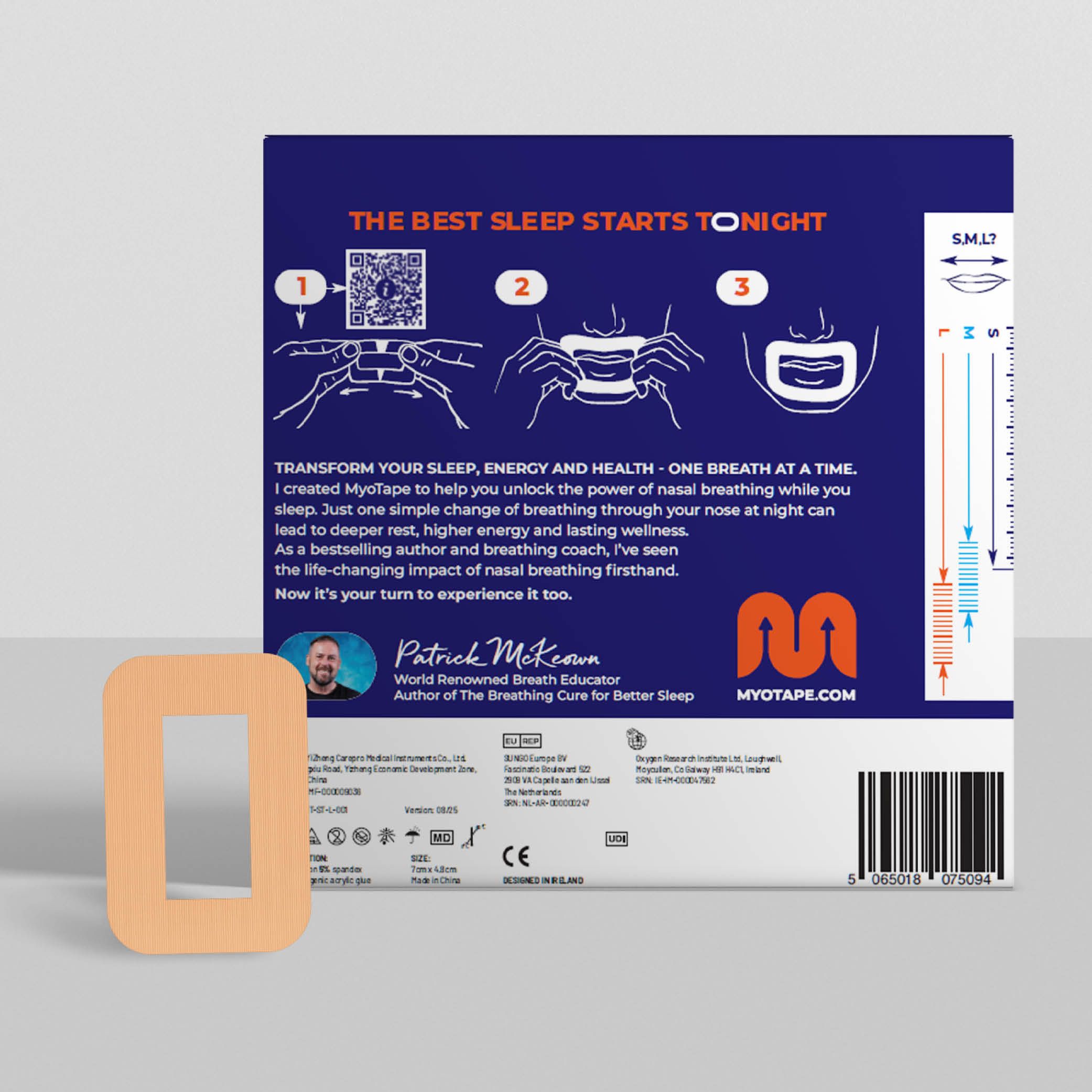 Beige Mundpflaster neben Verpackung. Verpackung mit Anweisungen und Logo. Aufschrift: The Best Sleep Starts Tonight.