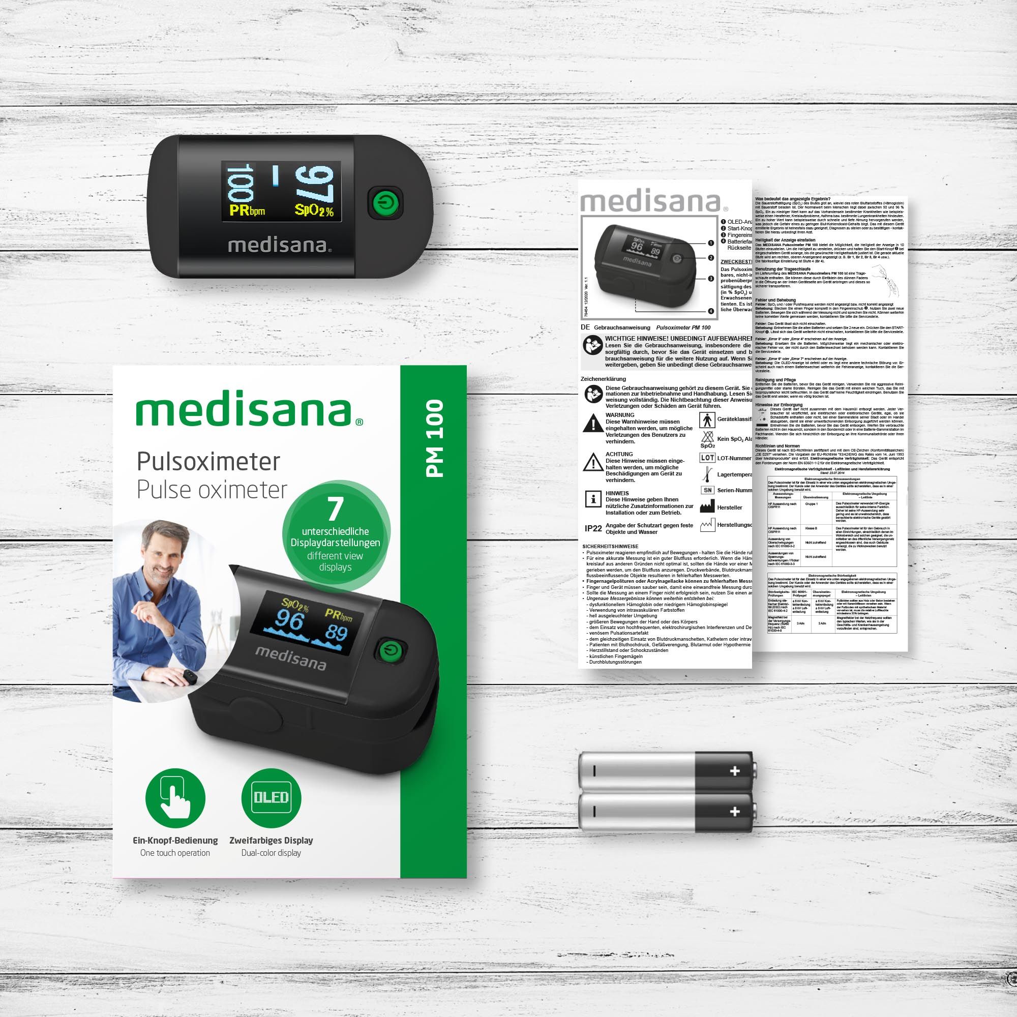 medisana Pulsoximeter PM 100, Verpackung, Anleitung und Batterien.