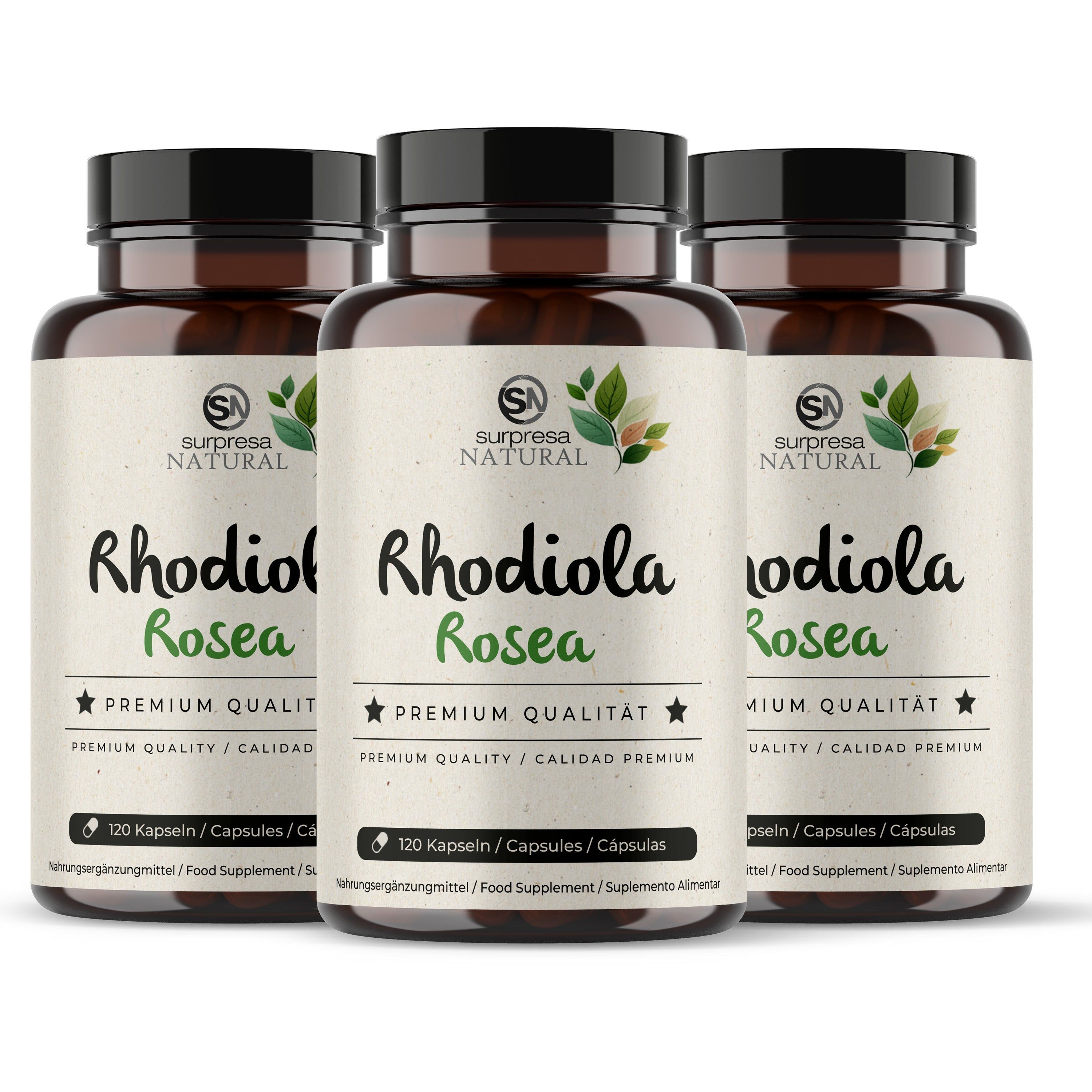 Drei braune Flaschen mit Surpresa Natural Rhodiola Rosea Kapseln, je 120 Stück.