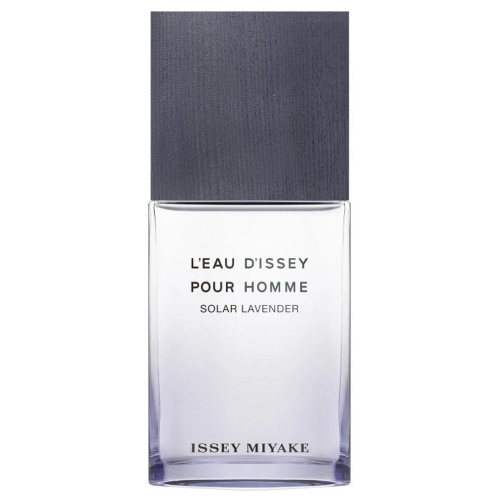 Rechteckiger Flakon mit grauem Deckel. Aufschrift: L'Eau d'Issey pour Homme Solar Lavender. Marke: Issey Miyake.