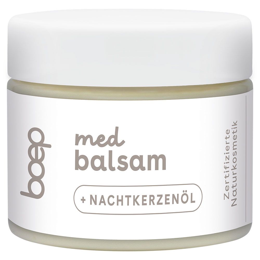 Weißes Tiegel mit Balsam. Text: med balsam + Nachtkerzenöl. Zertifizierte Naturkosmetik. Marke: boep.