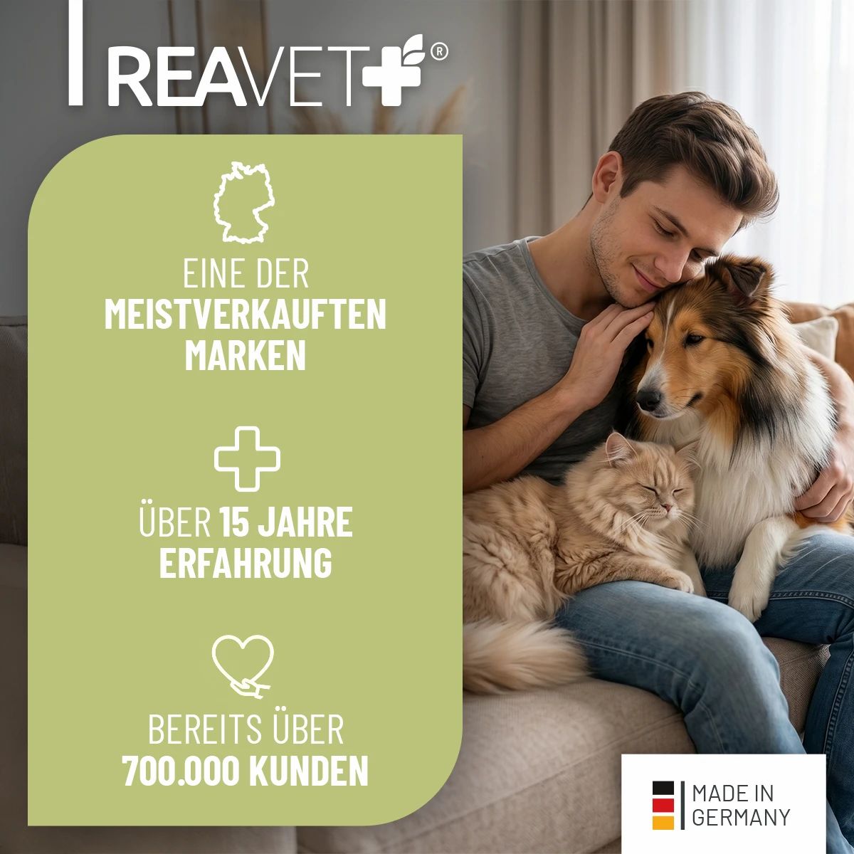 Mann mit Hund und Katze auf Sofa. Text "Eine der meistverkauften Marken".